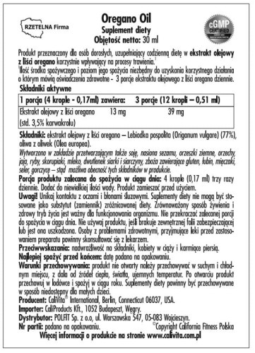 Calivita Oregano Oil 30 ml etykieta
