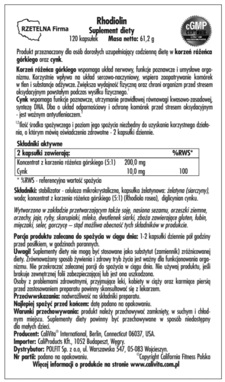 CaliVita Rhodiolin 120 kapsułek etykieta