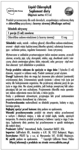 Liquid Chlorophyll CaliVita chlorofil w płynie 473 ml etykieta
