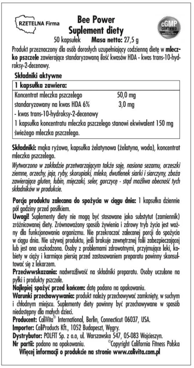 Bee Power CaliVita etykieta
