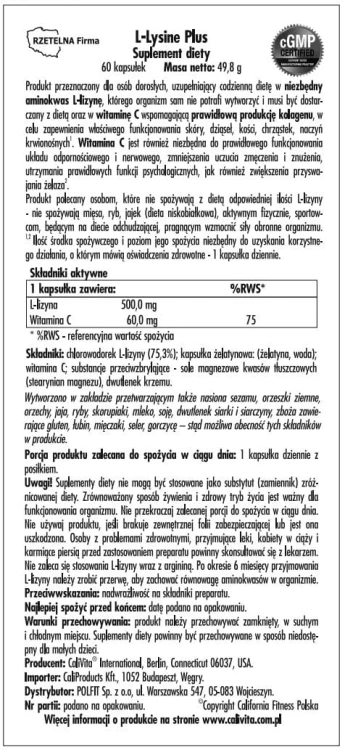 L-Lysine Plus Calivita etykieta