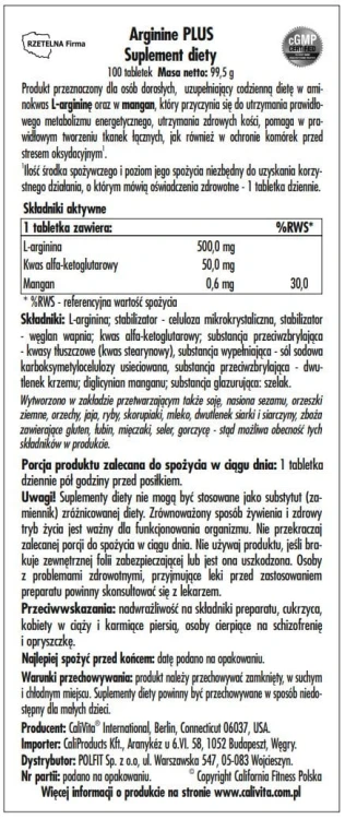 Arginine Plus CaliVita etykieta